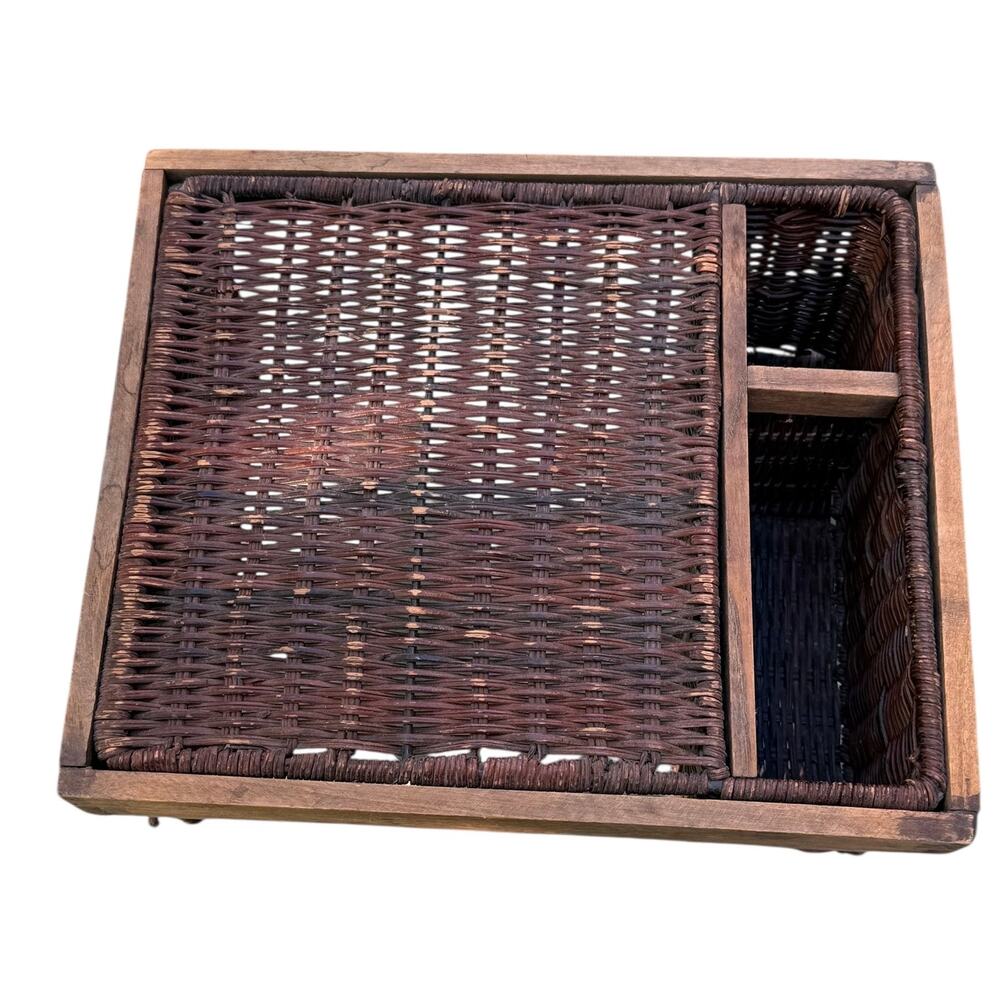 Vintage Rattan and Wood Utensil & Plate Caddy - Picture 2 of 16